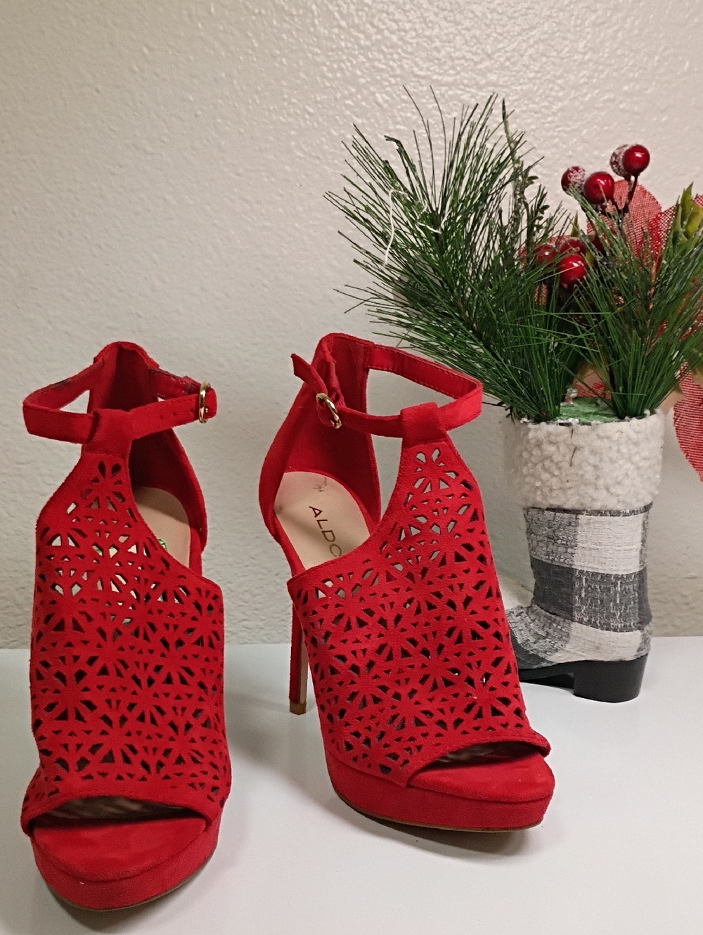 Aldo Red Laser-Cut Ankle Strap Stiletto Heels